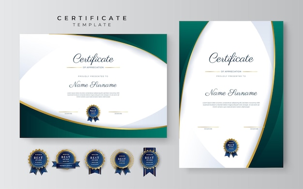 Modern elegant dark green and gold certificate of achievement template with gold badge and border Designed for diploma award business university school background and corporate