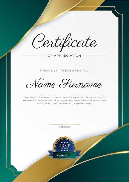 Modern elegant dark green and gold certificate of achievement template with gold badge and border Designed for diploma award business university school background and corporate