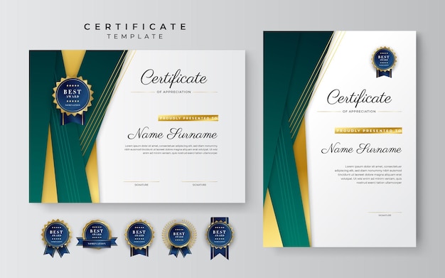 Modern elegant dark green and gold certificate of achievement template with gold badge and border Designed for diploma award business university school background and corporate