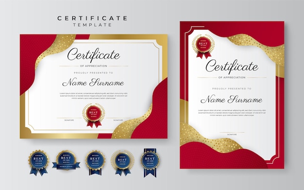 Modern elegant red and gold certificate of achievement template with gold badge and border Designed for diploma award business university school background and corporate