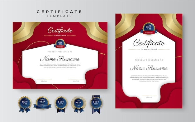 Modern elegant red and gold certificate of achievement template with gold badge and border Designed for diploma award business university school background and corporate