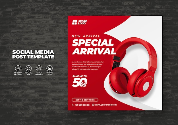 MODERN AND ELEGANT RED WHITE COLOR WIRELESS HEADPHONE FOR SOCIAL MEDIA TEMPLATE BANNER VECTOR