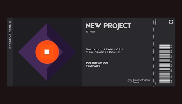 Modern exhibition ticket template layout made with abstract vector geometric shapes Brutalism inspired graphics