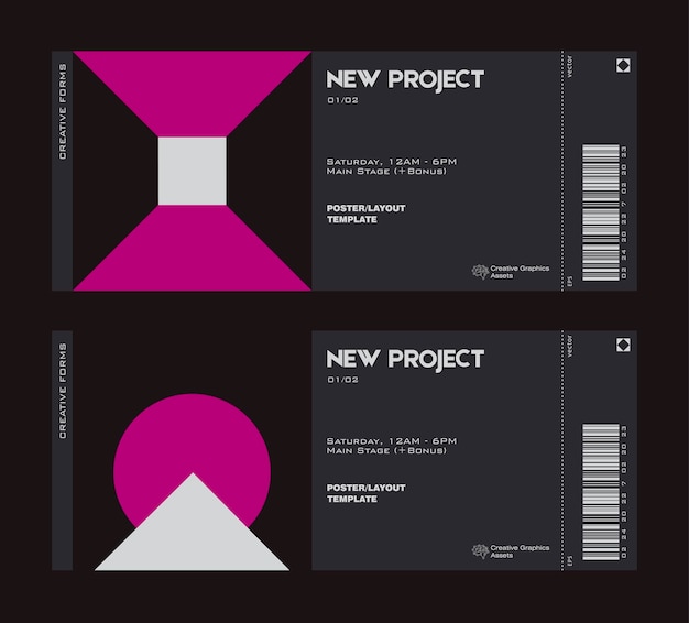 Modern exhibition ticket template layout made with abstract vector geometric shapes.