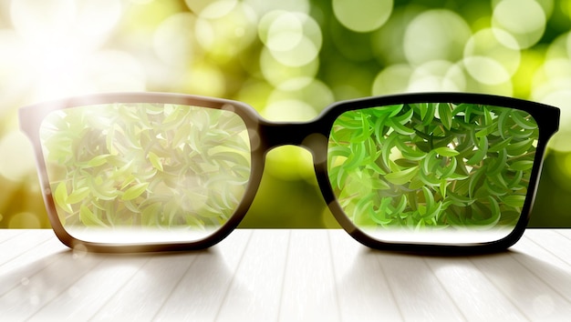 Vector modern eyeglasses on wooden table and bokeh back