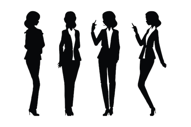 Modern female office staff with different poses silhouette bundle Lady businessman silhouette vector collection Stylish business woman silhouette set wearing suits and standing in different poses