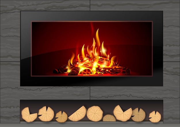 Vector modern fireplace with fire