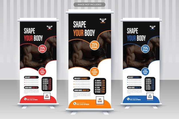 Modern Fitness gym business x rollup pullup retractable signage banner design vector template