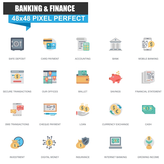 Modern flat banking and finance icons set