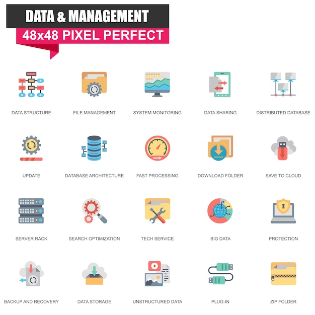 Modern flat data organization and management icons set