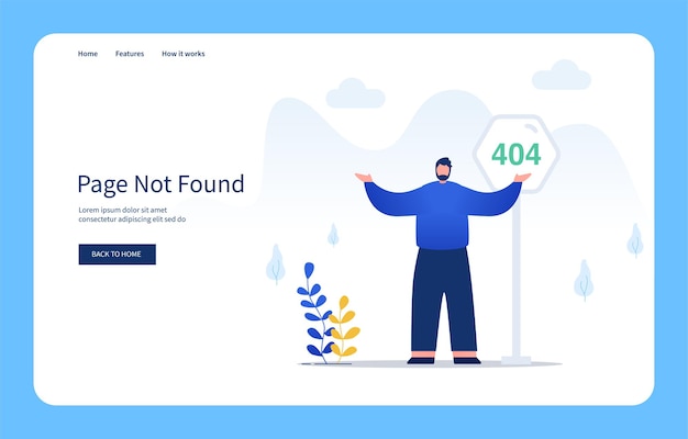 Modern Flat Design Concept Man With Confused Gestures Standing In Front Of 404 Sign Page Not Found For Website And Mobile Site Empty States