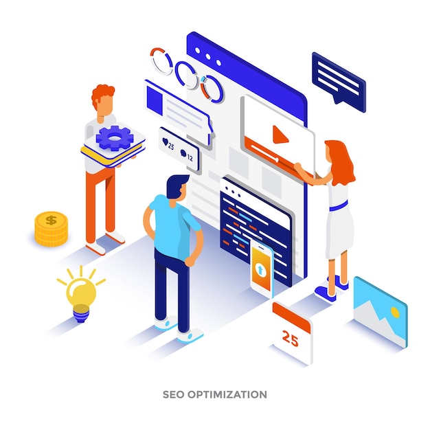 Modern flat design isometric illustration of Seo Optimization. Can be used for website and mobile website or Landing page. Easy to edit and customize. Vector illustration