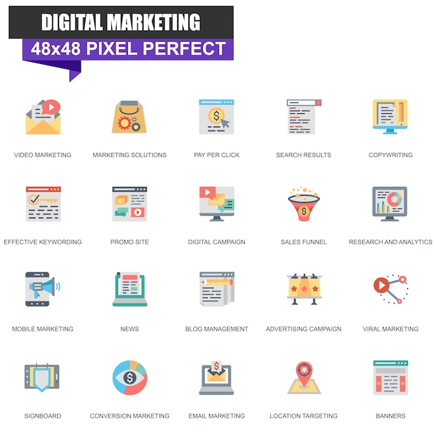 Modern flat digital marketing icons set