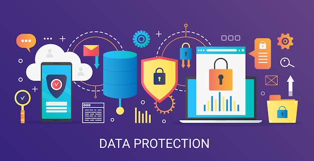 Modern flat gradient Data protection concept template banner with icons and text.