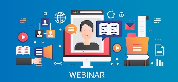 Modern flat gradient Webinar concept template banner with icons and text.