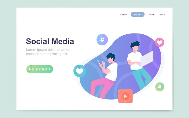 Modern flat landing page of social media