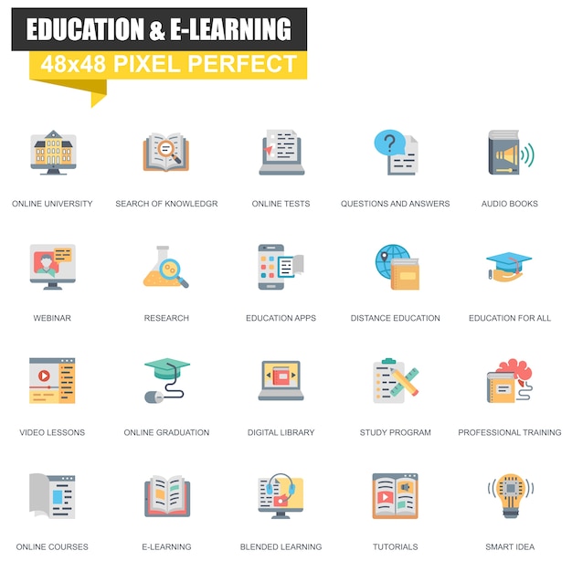 Modern flat online education and learning icons set