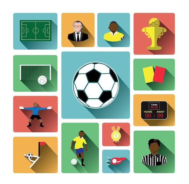 Modern flat soccer icons set with long shadow effect