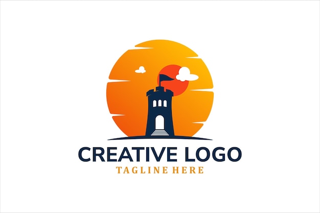 Modern Flat Unique castle logo vintage with sunset background logo template illustration design