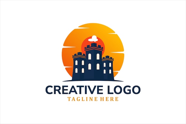 Modern Flat Unique castle logo vintage with sunset background logo template illustration design