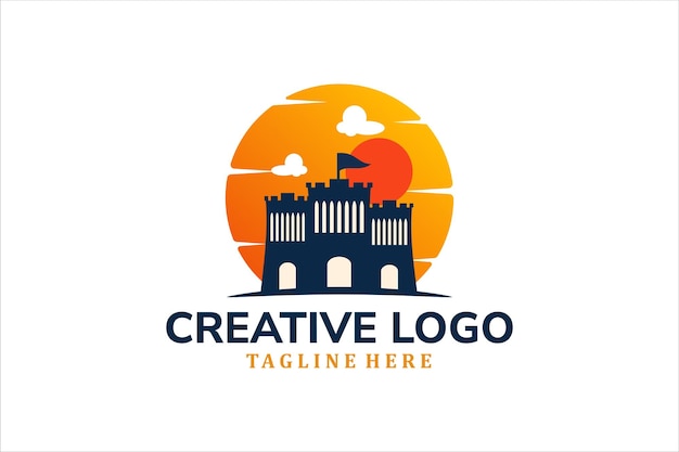 Modern Flat Unique castle logo vintage with sunset background logo template illustration design