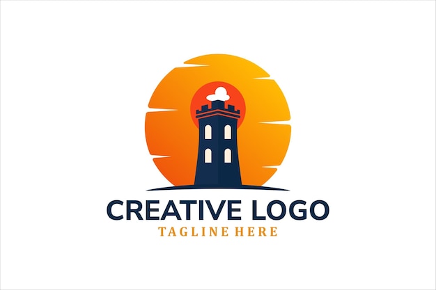 Modern Flat Unique castle logo vintage with sunset background logo template illustration design