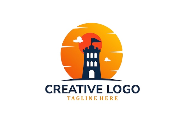 Modern Flat Unique castle logo vintage with sunset background logo template illustration design