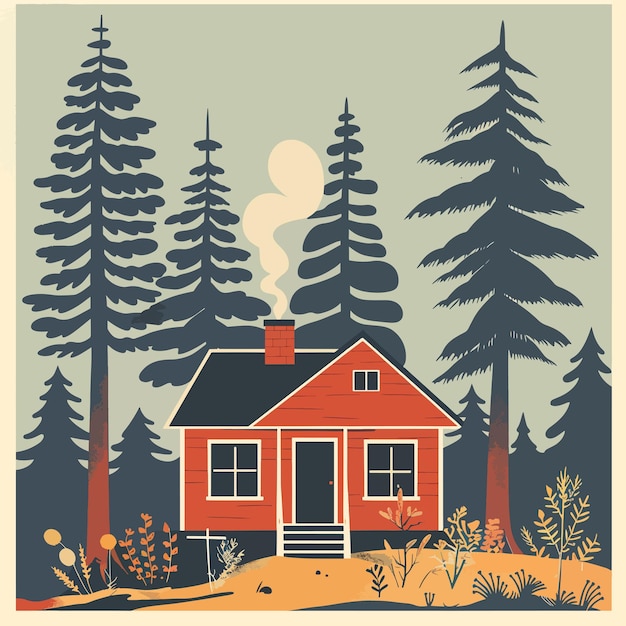 Modern Flat Vector Illustration of a House in the Forest