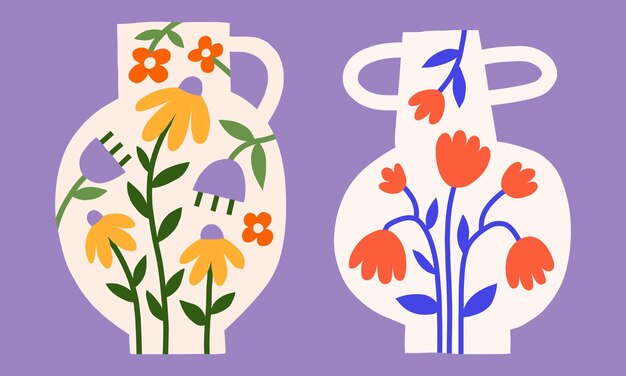 Vector modern floral flat vector illustration set cutout style vase silhouette with flowers pattern