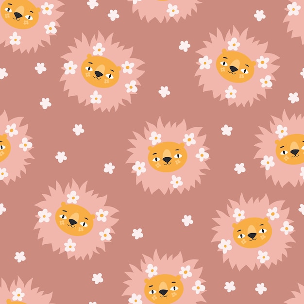 Modern floral lion seamless pattern. Trendy background with cute animal and blooming flowers.