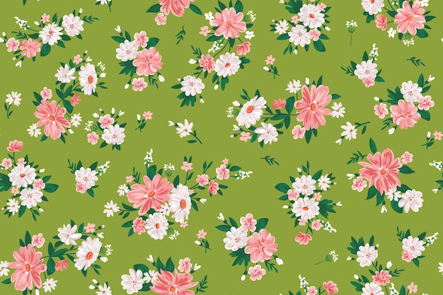 Modern floral pattern with decorative flower on field for digital background and garment in millefleur style ornate vector template