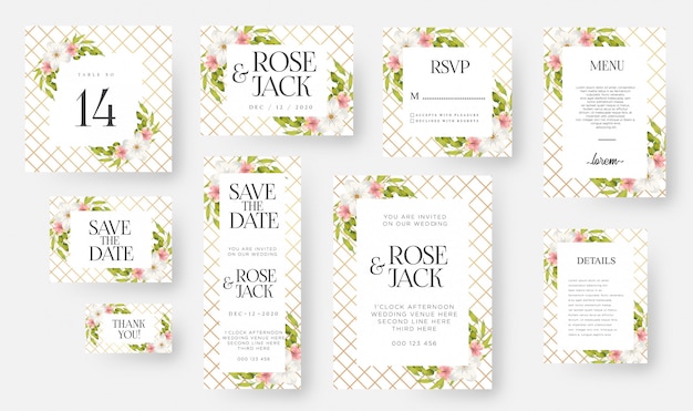 Modern Floral Wedding Invitation Card Template Set With Watercolor Flowers & Leaves