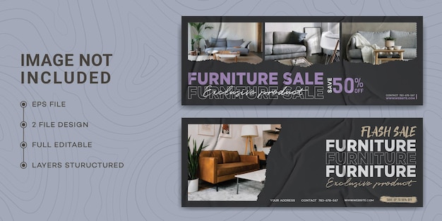 Modern furniture facebook cover page template design, glued paper, torn paper, furniture sale