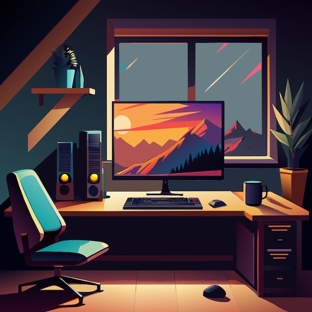 modern gaming computer with monitor keyboard and vomputer mouse vector illustration flat 2