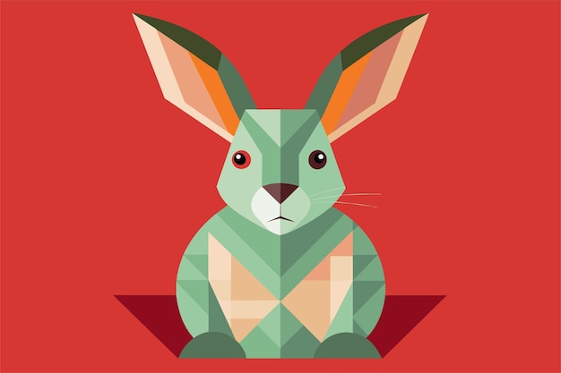 A modern geometric rabbit sits calmly featuring vibrant green hues and a striking red backdrop A simple and elegant flat illustration of a modern rabbit design