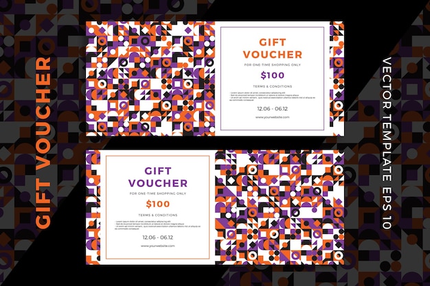 Vector modern gift card templates with geometric pattern on dark background. discount coupon or certificate