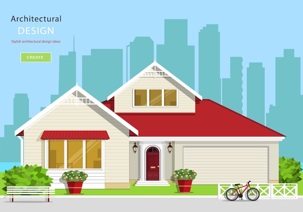 Modern graphic architectural design. Colorful set: house, bench, yard, bicycle, flowers and trees. Flat style vector illustration.