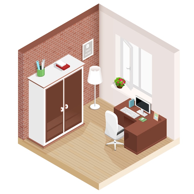 Modern graphic isometric room with workplace and wardrobe. Isometric furniture icons.  illustration.