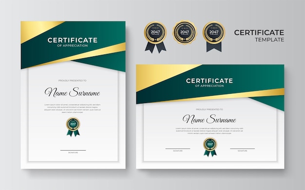 Modern green certificate template and border for award diploma and printing Green and gold elegant certificate of achievement template with gold badge and border