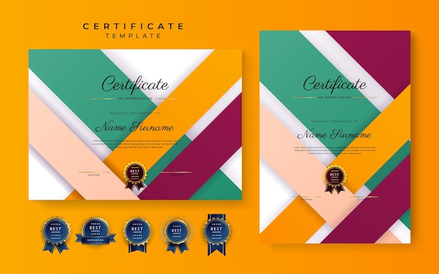 Modern green orange pink certificate of achievement border template with luxury badge and modern line pattern For award business and education needs