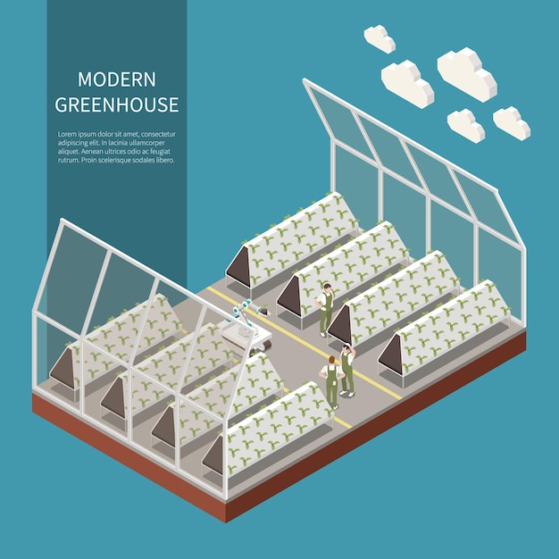 Modern greenhouse complex isometric concept with hydroponics and aeroponics symbols  illustration