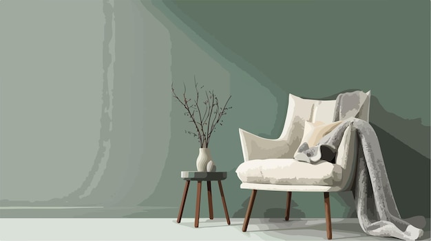 Vector modern grey armchair with blanket and vase near green wall