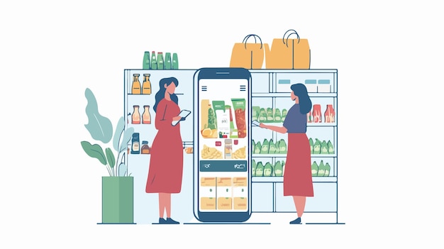 Vector modern grocery mobile app concept with women near smartphone