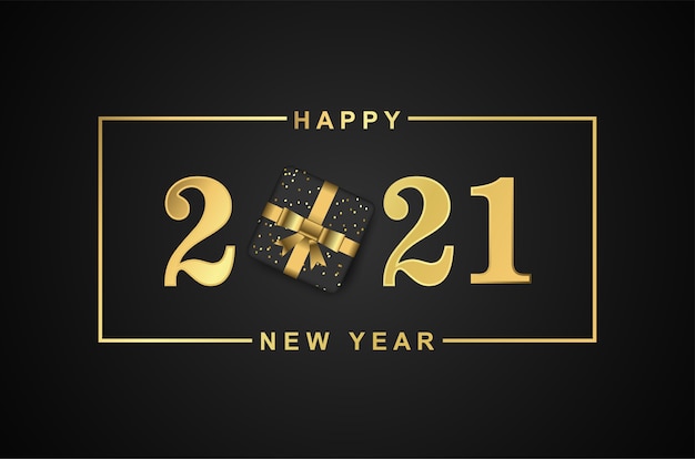 Modern happy new 2021 year with gift box on black background.