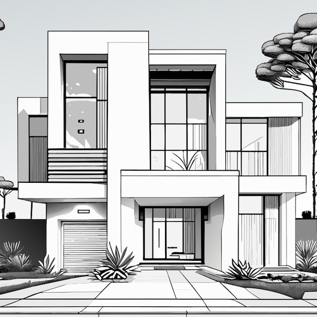 modern home exterior perspective highly detailed vector illustration line art