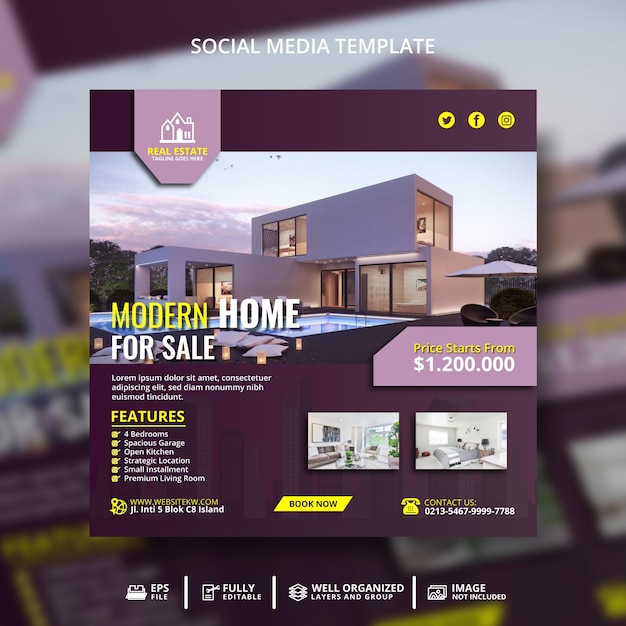 Modern Home For Sale Banner Social Media Post Template Promotion