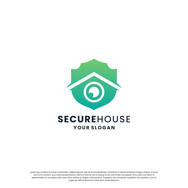 modern home security logo design house with shield and eye combination with gradient color