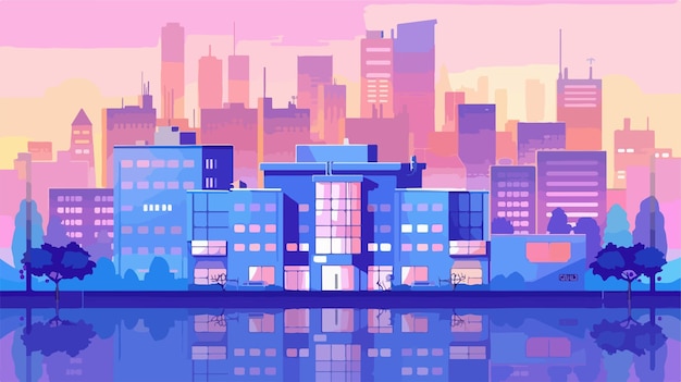 Vector modern hospital building with cityscape silhouette