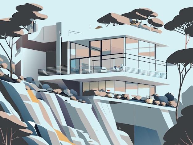 Vector modern house in 3d on the edge of a cliff and a lonely tree vector illustration flat 2