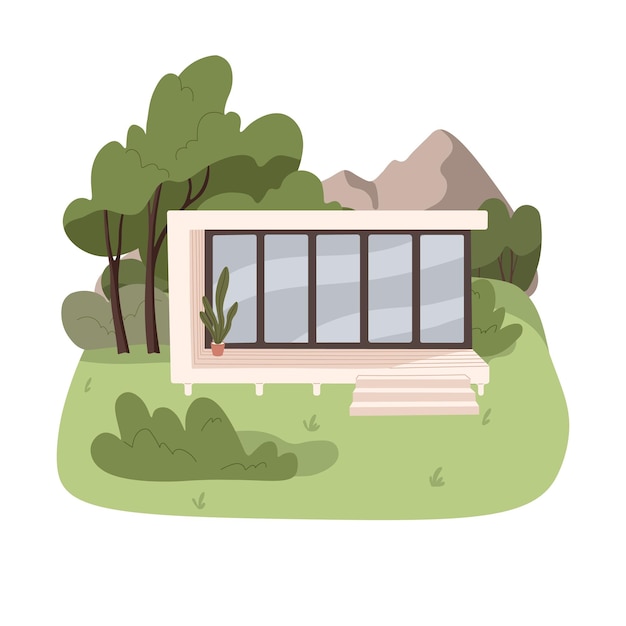 Modern house exterior in nature Remote home from wood and glass in country Comfortable countryside building with terrace for summer rest Flat vector illustration isolated on white background